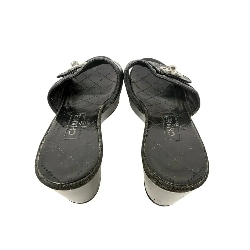 Chanel Black Quilted CC Slip On Turnlock Platform  Mules Slides Clogs Sandals 38